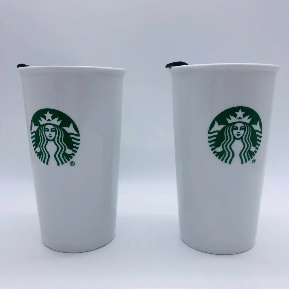 Starbucks set of 2 ceramic 10 ounce travel tumbler with black sliding lids